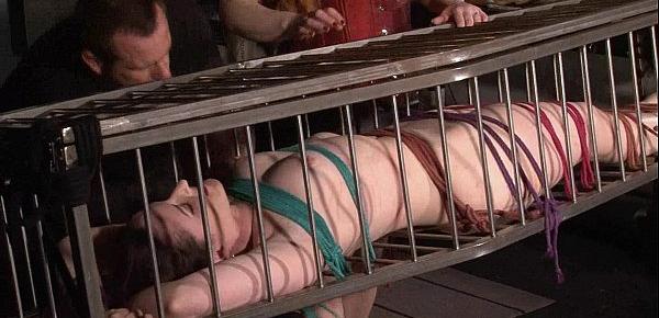  Caged american fetish model Caroline Pierce in hot wax bdsm and deprived lesbian